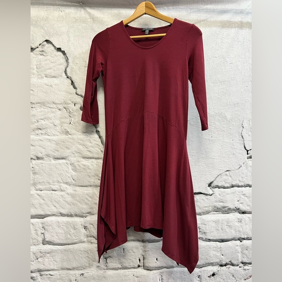 Eileen Fisher Asymmetrical Hem 3/4 Sleeve Passion Flower Scoop-Neck Jersey Dress - Picture 5 of 7